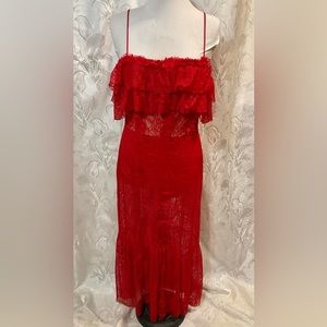 Lucy Wang Nasty Gal Red Lace Sheer Ruffle Midi Dress